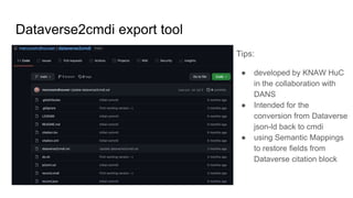 Dataverse2cmdi export tool
Tips:
● developed by KNAW HuC
in the collaboration with
DANS
● Intended for the
conversion from Dataverse
json-ld back to cmdi
● using Semantic Mappings
to restore fields from
Dataverse citation block
 