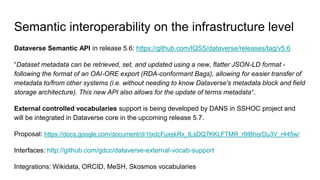 Semantic interoperability on the infrastructure level
Dataverse Semantic API in release 5.6: https://github.com/IQSS/dataverse/releases/tag/v5.6
“Dataset metadata can be retrieved, set, and updated using a new, flatter JSON-LD format -
following the format of an OAI-ORE export (RDA-conformant Bags), allowing for easier transfer of
metadata to/from other systems (i.e. without needing to know Dataverse's metadata block and field
storage architecture). This new API also allows for the update of terms metadata“.
External controlled vocabularies support is being developed by DANS in SSHOC project and
will be integrated in Dataverse core in the upcoming release 5.7.
Proposal: https://docs.google.com/document/d/1txdcFuxskRx_tLsDQ7KKLFTMR_r9IBhorDu3V_r445w/
Interfaces: http://github.com/gdcc/dataverse-external-vocab-support
Integrations: Wikidata, ORCID, MeSH, Skosmos vocabularies
 