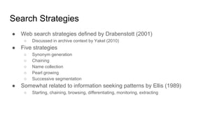 Burke, T. 2011. How I Talk About Searching, Discovery and Research in Courses. May 9, 2011.
Drabenstott, K.M., 2001. Web S...