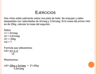 EJERCICIOS
Dos niños están patinando sobre una pista de hielo. Se empujan y salen
despedidos con velocidades de 3m/seg y 3,5m/seg. Si la masa del primer niño
es de 25kg, calcular la masa del segundo.
Datos:
v1 = 3m/seg
v2 = 3,5m/seg
m1 = 25kg
m2 = ?
Formula que utilizaremos:
m2= m1 x v1
v2
Resolvemos:
m2= 25kg x 3m/seg = 21,42kg
3,5m/seg
 