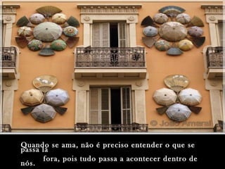 Quando se ama, não é preciso entender o que se passa lá fora, pois tudo passa a acontecer dentro de nós. 