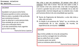 Processo criativo
da escrita_________ Vou criar o que me aconteceu. Só porque viver não é
relatável. Viver não é visível. Terei de criar sobre a vida. E
sem mentir. Criar sim, mentir não. Criar não é imaginação,
é correr o grande risco de se ter a realidade. Se eu não me
compreender, morrerei daquilo que no entanto vivo. A vida
pré-humana divina é de uma atualidade que queima.
 Teoria do fingimento de Nietszche: a arte não imita a
vida; arte cria arte.
 A criação é um processo de “alívio” ou, no mínimo, de
compreensão de si, das relações, do mundo, da
experiência de um trauma - CATARSE
SAUDADE
Saudade é um pouco como fome.
Só passa quando se come a presença.
Mas às vezes a saudade é tão profunda
que a presença é pouco:
quer-se absorver a outra pessoa toda.
Essa vontade de um ser o outro
para uma unificação inteira
é um dos sentimentos mais urgentes
que se tem na vida.
Poema de Clarice Lispector.
SOLIDÃO
Que minha solidão me sirva de companhia.
que eu tenha a coragem de me enfrentar.
que eu saiba ficar com o nada
e mesmo assim me sentir
como se estivesse plena de tudo.
Poema de Clarice Lispector.
 