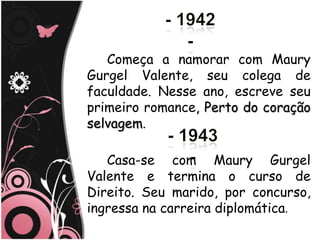 Começa a namorar com Maury
Gurgel Valente, seu colega de
faculdade. Nesse ano, escreve seu
primeiro romance, Perto do coração
selvagem.

   Casa-se com Maury Gurgel
Valente e termina o curso de
Direito. Seu marido, por concurso,
ingressa na carreira diplomática.
 