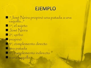  "José Neira propinó una patada a una
vaquilla..."
 1º, el sujeto
 José Neira
 2º, verbo
 propinó
 3º, complemento directo
 una patada
 4º, complemento indirecto
 a una vaquilla
 