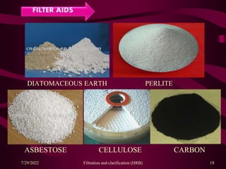 ASBESTOSE CELLULOSE CARBON
DIATOMACEOUS EARTH PERLITE
7/29/2022 Filtration and clarification (HRB) 18
 
