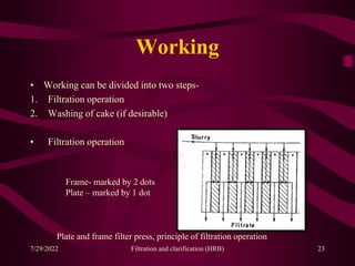 Working
• Working can be divided into two steps-
1. Filtration operation
2. Washing of cake (if desirable)
• Filtration operation
23
Frame- marked by 2 dots
Plate – marked by 1 dot
Plate and frame filter press, principle of filtration operation
7/29/2022 Filtration and clarification (HRB)
 