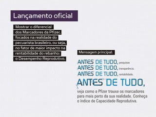 Lançamento oficial
Mostrar o diferencial
dos Marcadores da Pfizer,
focados na realidade do
pecuarista brasileiro, ou seja,
no fator de maior impacto na
rentabilidade do rebanho:         Mensagem principal:
o Desempenho Reprodutivo.
                                            DE TUDO, pesquisas
                                            DE TUDO, transparência.
                                            DE TUDO, rentabilidade.
                                                  DE TUDO,
                                  veja como a Pfizer trouxe os marcadores
                                  para mais perto da sua realidade. Conheça
                                  o índice de Capacidade Reprodutiva.
 