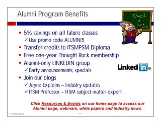 Alumni Program Benefits

             5% savings on all future classes
                 Use promo code ALUMNI5
                             d AL MNI5
             Transfer credits to ITSMPSM Diploma
             Free one-year Th ht R k membership
             F               Thought Rock     b hi
             Alumni-only LINKEDIN group
                 Early
                 E l announcements, specials
                                t       i l
             Join our blogs
                 Jayne Explains – Industry updates
                 ITSM Professor – ITSM subject matter expert

                 Click Resources & Events on our home page to access our
                  Alumni page, webinars, white papers and industry news.
© ITSM Academy                          17
 