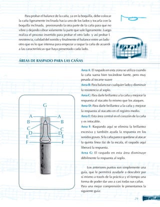 Para probar el balance de la caña, ya en la boquilla, debe colocar
la caña ligeramente inclinada hacia uno de los lados y tocarla con la
boquilla inclinada, presionando la otra parte de la caña para que no
vibre y dejando vibrar solamente la parte que sale ligeramente. Luego
realiza el proceso invertido para probar el otro lado y así probar la
resistencia, calidad del sonido y finalmente el balance entre un lado y
otro que es lo que interesa para empezar a raspar la caña de acuerdo
a las características que haya presentado cada lado.


ÁREAS DE RASPADO PARA LAS CAÑAS

                                               Area A: El raspado en esta zona se utiliza cuando
                                               la caña suena bien tocándose fuerte, pero muy
                                               pesada al tocarse suave
                                               Area B: Para balancear cualquier lado y disminuir
                                               la resistencia al soplo.
                                               Area C: Para darle brillantez a la caña y mejorar la
                                               respuesta al stacatto lo mismo que los ataques.
                  G                            Area D: Para darle brillantez a la caña y mejorar
                                               la respuesta al stacatto en el registro medio.
       A                     A                 Area E: Esta área central es el corazón de la caña
     B                        B                y es intocable.
                                               Area F: Raspando aquí se elimina la brillantez
     C                         C               excesiva y también ayuda la respuesta en los
       D                      D
     E                         E               sonidos graves. Si la caña parece quedarse al atacar
     F                         F               la quinta línea (fa) de la escala, el raspado aquí
                                               liberará la respuesta.
                                               Area G: El raspado en esta área disminuye
                                               débilmente la respuesta al soplo.


                                                   Los anteriores puntos son simplemente una
                                               guía, que le permitirá ayudarle a descubrir por
                                               sí mismo a través de la práctica y el tiempo una
                                               forma de poder dar uso a casi todas sus cañas.
                                               Para una mejor comprensión le presentamos la
                                               siguiente guía:

                                                                                         29
 