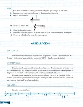 ÁREA
   A     Si es dura cuando toca piano y es alto en el registro grave, raspe en esta área.
   B     Raspar en esta zona cuando la caña es dura (le quita resistencia)
   C     Mejora el stacatto de:




    D      Mejora el stacatto de:


    E      Corazón. Zona intocable.
    F      Elimina la brillantez, mejora el ataque sobre el Fa de la quinta línea del pentagrama.
    G      Mejora la calidad de las notas del registro grave.




                                     ARTICULACIÓN

SIN LENGUA

	     Justamente se recomienda que se enseñen los primeros sonidos sin intervención de la
lengua y sin importar la duración del sonido. (UNIDAD 1 Cuaderno de ejercicios)


CON LENGUA

	      El ataque con lengua, consiste en mantener la presión del aire, colocar la lengua en la
parte superior de la caña, y luego se retira la lengua para dejar entrar el aire y producir el sonido.
La pronunciación de la sílaba “da” o “du” facilita la claridad de la articulación
	      En caso de que sean varias articulaciones continuas, entonces se mantiene el aire y el
sonido, y se separa ligeramente con la lengua. La lengua debe estar muy flexible y relajada,
pero ser muy precisa al hacer la articulación.


SEPARADA

	       Stacatto: cortando el aire

                                                      ...                      ..
    ...                      ...                                                    ..
      30
 