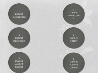 1
Clarinet
Introduction

2
Clarinet
How to use
it

3
Clarinet
Decoration

4
Clarinet
History

5
Clarinet
Ancient
Clarinet

6
Clarinet
Modern
Clarinet

 