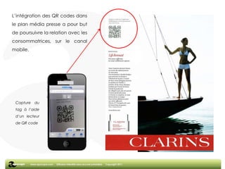 L’intégration des QR codes dans le plan média presse a pour but de poursuivre la relation avec les consommatrices, sur le canal mobile.Capture du tag à l’aide d’un lecteur de QR code