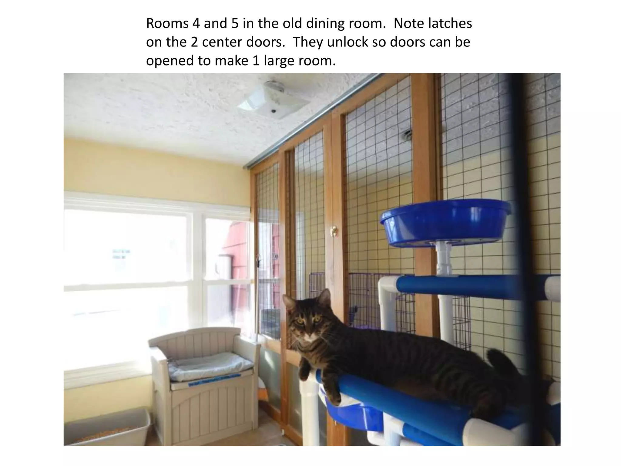 Rooms 4 and 5 in the old dining room. Note latches
on the 2 center doors. They unlock so doors can be
opened to make 1 large room.

 