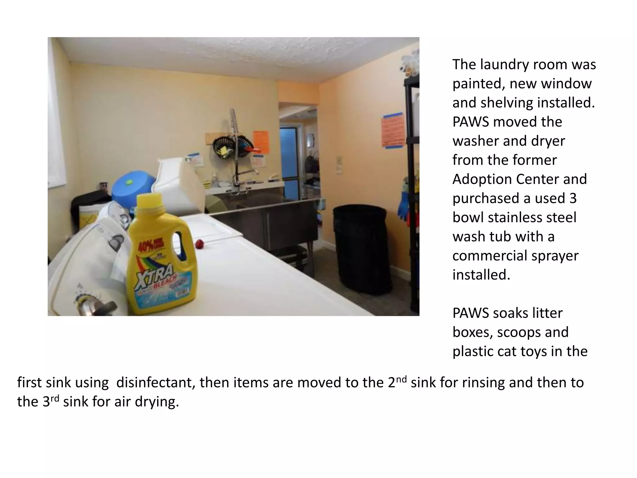 The laundry room was
painted, new window
and shelving installed.
PAWS moved the
washer and dryer
from the former
Adoption Center and
purchased a used 3
bowl stainless steel
wash tub with a
commercial sprayer
installed.

PAWS soaks litter
boxes, scoops and
plastic cat toys in the
first sink using disinfectant, then items are moved to the 2nd sink for rinsing and then to
the 3rd sink for air drying.

 