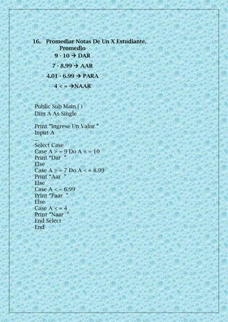 16. Promediar Notas De Un X Estudiante.
Promedio
9 - 10  DAR
7 - 8.99  AAR
4.01 - 6.99  PARA
4 < = NAAR
Public Sub Main ( )
Dim A As Single
Print “Ingrese Un Valor ”
Input A
...
Select Case
Case A > = 9 Do A < = 10
Print “Dar ”
Else
Case A > = 7 Do A < = 8.99
Print “Aar ”
Else
Case A < = 6.99
Print “Paar ”
Else
Case A < = 4
Print “Naar ”
End Select
End
 