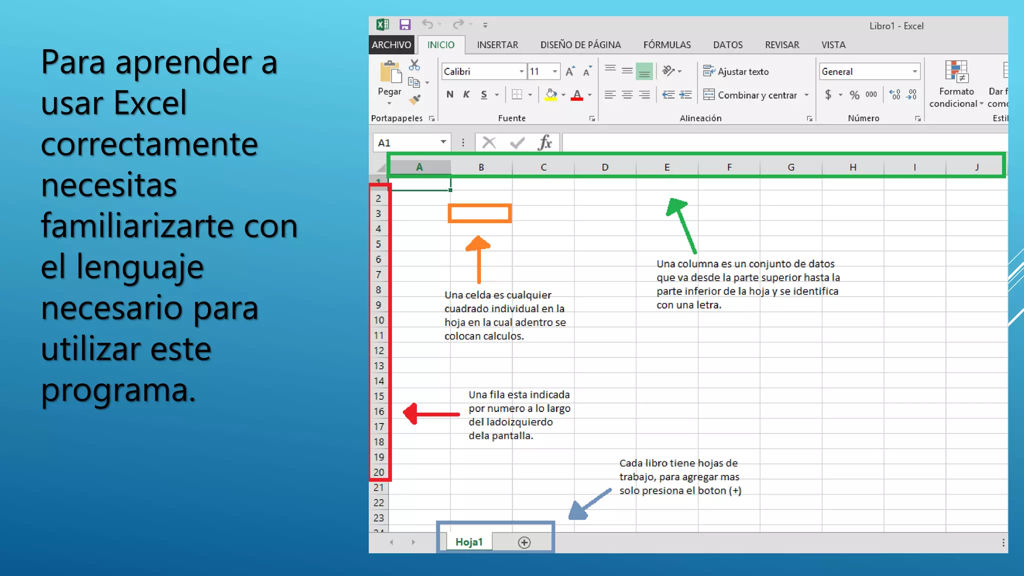Para aprender a
usar Excel
correctamente
necesitas
familiarizarte con
el lenguaje
necesario para
utilizar este
programa.
 