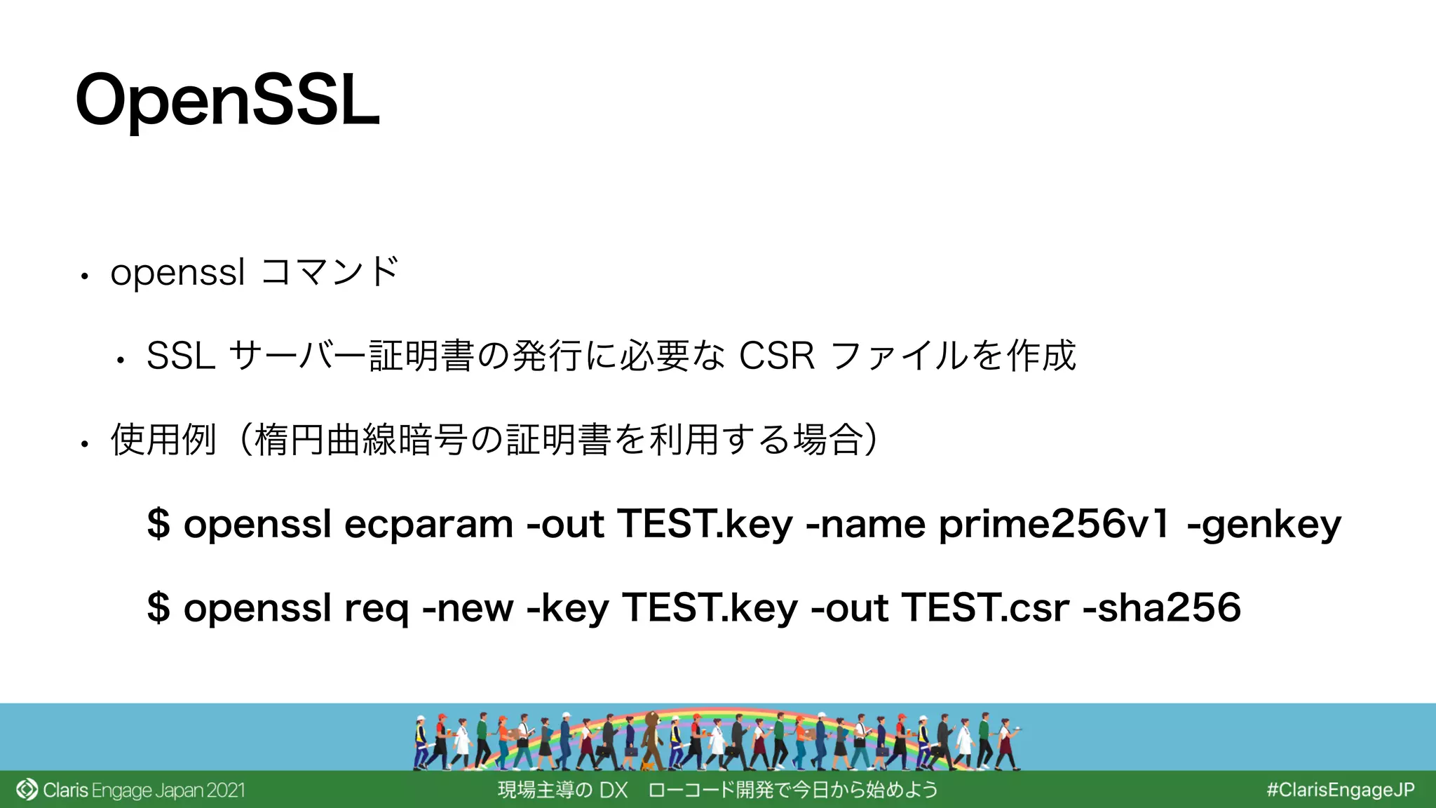 • openssl コマンド
• SSL サーバー証明書の発行に必要な CSR ファイルを作成
• 使用例（楕円曲線暗号の証明書を利用する場合）
$ openssl ecparam -out TEST.key -name prime256v1 -genkey
$ openssl req -new -key TEST.key -out TEST.csr -sha256
OpenSSL
 
