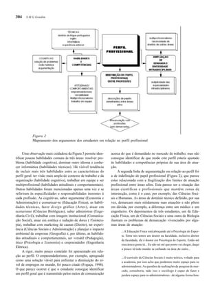 304
Uma observação mais cuidadosa da Figura 3 permite iden-
tificar poucas habilidades comuns às três áreas: resolver pro-
blema (habilidade cognitiva), dominar outro idioma e conhe-
cer informática (habilidades técnicas). Há visível tendência
de incluir mais três habilidades entre as características do
perfil geral: ter visão mais ampla do contexto de trabalho e da
organização (habilidade cognitiva), trabalhar em equipe e ser
multiprofissional (habilidades atitudinais e comportamentais).
Outras habilidades foram mencionadas apenas uma vez e se
referiram às especificidades e responsabilidades inerentes à
cada profissão. As cognitivas, saber argumentar (Economia e
Administração) e comunicar-se (Educação Física); as habili-
dades técnicas, fazer design gráfico (Artes), atuar em
ecoturismo (Ciências Biológicas), saber administrar (Enge-
nharia Civil), trabalhar com imagem institucional (Comunica-
ção Social), atuar em estética e redução de dores ( Fisiotera-
pia), trabalhar com marketing de causas (Direito), ter experi-
ência (Ciências Sociais e Administração) e planejar o impacto
ambiental de empresas (Geografia) e, por último, as habilida-
des atitudinais e comportamentais, ser versátil (Pedagogia),
ético (Psicologia e Economia) e empreendedor (Engenharia
Elétrica).
A rigor, muito pouco conteúdo foi apresentado em rela-
ção ao perfil. O empreendedorismo, por exemplo, apregoado
como uma solução viável para enfrentar a diminuição do ní-
vel de empregos no mundo, foi pouco citado (Fogaça, 1998).
O que parece ocorrer é que o estudante consegue identificar
um perfil geral que é transmitido pelos meios de comunicação
acerca do que é demandado no mercado de trabalho, mas não
consegue identificar de que modo este perfil estaria ajustado
às habilidades e competências próprias de sua área de atua-
ção.
A segunda linha de argumentação em relação ao perfil foi
a de indefinição do papel profissional (Figura 2), que parece
estar relacionada com a fragilização dos limites de atuação
profissional entre áreas afins. Esta parece ser a situação das
áreas científicas e profissionais que mantêm zonas de
intersecção, como é o caso, por exemplo, das Ciências Soci-
ais e Humanas. As áreas de domínio técnico definido, por sua
vez, demarcam mais nitidamente suas atuações e não põem
em dúvida, por exemplo, a diferença entre um médico e um
engenheiro. Os depoimentos de três estudantes, um de Edu-
cação Física, um de Ciências Sociais e uma outra de Biologia
ilustram os problemas de demarcação vivenciados por algu-
mas áreas de atuação:
...A Educação Física está abraçando até a Psicologia do Espor-
te. Entre nós temos um doutor na faculdade, inclusive diretor
da faculdade, ele é doutor em Psicologia do Esporte. Então até
essa área a gente tá... Eu não sei até que ponto vai chegar, daqui
a pouco tá todo mundo se enfiando na área do outro...
...O currículo de Ciências Sociais é muito teórico, voltado para
a academia, por isso acho que perdemos muito espaço para os
administradores. As questões de realizações de pesquisa de mer-
cado, consultoria, tudo isso o sociólogo é capaz de fazer e
perdeu espaço para os administradores...de alguma forma hou-
Figura 2
Mapeamento dos argumentos dos estudantes em relação ao perfil profissional
S.M.G.Gondim
 
