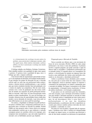 305
ve o distanciamento dos sociólogos da parte prática da
profissão...nosso currículo não é voltado para o mercado...então
fica aquela lacuna...faltam matérias relacionadas a políticas
públicas, essa área é essencial para o sociólogo estar atuando
nas prefeituras.
O biólogo trabalha com Botânica, Zoologia, Ecoturismo.
Pode trabalhar também com qualidade de água, tanto quanto
o químico. O químico testa a qualidade da água, mas é o
biólogo que sabe o impacto ambiental.
Uma terceira linha de argumentação apresentada na Figu-
ra 2 é a da ampliação de demanda e diversidade intradisciplinar.
O que emergiu nos grupos de discussão foi que o mercado
solicita cada vez mais que um profissional tenha conheci-
mentos e domine técnicas multidisciplinares, o que contribui
para que muitos estudantes decidam fazer pós-graduação com
o intuito de ampliar sua competência. Dito de outro modo,
somente com o curso de graduação eles não teriam condi-
ções de atender aos requisitos do perfil profissional deman-
dado no mercado. Além disso, há uma diversificação muito
grande no plano intradisciplinar. No caso da Psicologia, por
exemplo, inúmeras áreas de especialidades foram criadas para
atender a novas demandas do mercado, o que torna cada vez
mais difícil pensar em um único perfil do psicólogo.
Em síntese, a fragilidade na definição do perfil profissio-
nal parece contribuir para a insegurança profissional com re-
percussões para a inserção no mercado de trabalho. Werbel
(2000) em uma pesquisa sobre a busca efetiva de emprego
entre graduandos concluiu que os que conhecem o mercado
conseguem pensar em caminhos efetivos de empregos, pois
comparam mais racionalmente o que está sendo requerido no
mercado com as habilidades pessoais que dispõem.
Preparação para o Mercado de Trabalho
Tem-se assistido nos últimos anos a um movimento de
busca de novos mercados (Werbel, 2000) em cada campo
profissional e isto trouxe à tona dois problemas. O primeiro
envolve a seguinte pergunta: que grade curricular é capaz de
abarcar todas as atividades e competências profissionais que
se pretende incluir? O segundo parece ser conseqüência do
anterior: a diversificação de atuação em algumas áreas não
levaria a uma redefinição dos limites entre profissões colo-
cando-se em discussão a identidade profissional?
Ambos os problemas foram abordados pelos estudan-
tes, mas para que se possa tentar dar uma resposta a estas
duas indagações, torna-se oportuno mapear as respostas e
comentários dos participantes em relação à preparação para
o mercado de trabalho. Na Figura 4 encontram-se três linhas
de argumentação: i) formação teórica insuficiente, ii) forma-
ção prática insuficiente e iii) formação complementar.
O que parece ser um sentimento geral dos formandos,
com raras exceções, é que a formação universitária é insufici-
ente para atender à demanda requerida no mercado de traba-
lho. A formação teórica é inadequada por duas razões princi-
pais: há um descompasso entre o curso básico e o
profissionalizante e, no caso das disciplinas
profissionalizantes, os professores não têm a experiência ne-
cessária para oferecer modelos práticos derivados das teori-
as estudadas e analisadas no curso.
Do ponto de vista da prática, segunda linha de argumen-
tação, o problema recai sobre a ausência de obrigatoriedade
de estágio em alguns cursos, os convênios que priorizam a
mão de obra barata estudantil em detrimento do aprendizado
Figura 3
Habilidades mencionadas pelos estudantes conforme áreas de atuação
Perfil profissional e mercado de trabalho
 