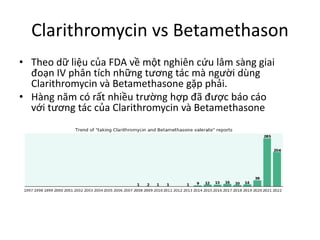 Clarithromycin vs Betamethason
• Theo dữ liệu của FDA về một nghiên cứu lâm sàng giai
đoạn IV phân tích những tương tác mà người dùng
Clarithromycin và Betamethasone gặp phải.
• Hàng năm có rất nhiều trường hợp đã được báo cáo
với tương tác của Clarithromycin và Betamethasone
 