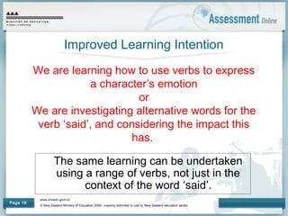 www.minedu.govt.nz
© New Zealand Ministry of Education 2009 - copying restricted to use by New Zealand education sector.
Page 18
Improved Learning Intention
We are learning how to use verbs to express
a character’s emotion
or
We are investigating alternative words for the
verb ‘said’, and considering the impact this
has.
The same learning can be undertaken
using a range of verbs, not just in the
context of the word ‘said’.
 