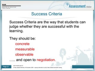 www.minedu.govt.nz
© New Zealand Ministry of Education 2009 - copying restricted to use by New Zealand education sector.
Page 27
Success Criteria
Success Criteria are the way that students can
judge whether they are successful with the
learning.
They should be:
concrete
measurable
observable
….. and open to negotiation.
 