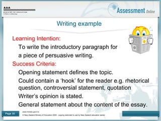 www.minedu.govt.nz
© New Zealand Ministry of Education 2009 - copying restricted to use by New Zealand education sector.
Page 30
Writing example
Learning Intention:
To write the introductory paragraph for
a piece of persuasive writing.
Success Criteria:
Opening statement defines the topic.
Could contain a ‘hook’ for the reader e.g. rhetorical
question, controversial statement, quotation
Writer’s opinion is stated.
General statement about the content of the essay.
 
