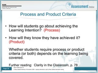www.minedu.govt.nz
© New Zealand Ministry of Education 2009 - copying restricted to use by New Zealand education sector.
Page 32
Process and Product Criteria
• How will students go about achieving the
Learning Intention? (Process)
• How will they know they have achieved it?
(Product)
Whether students require process or product
criteria (or both) depends on the learning being
covered.
Further reading: Clarity in the Classroom, p. 78
 