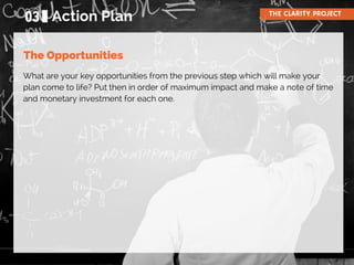 03 Action Plan THE CLARITY PROJECT
The Opportunities
What are your key opportunities from the previous step which will make your
plan come to life? Put then in order of maximum impact and make a note of time
and monetary investment for each one.
 