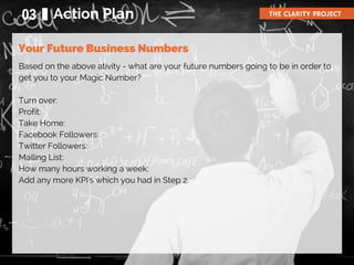 Your Future Business Numbers
03 Action Plan THE CLARITY PROJECT
Based on the above ativity - what are your future numbers going to be in order to
get you to your Magic Number?
Turn over:
Profit:
Take Home:
Facebook Followers:
Twitter Followers:
Mailing List:
How many hours working a week:
Add any more KPI's which you had in Step 2.
 