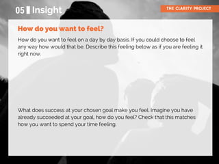 05 Insight THE CLARITY PROJECT
How do you want to feel on a day by day basis. If you could choose to feel
any way how would that be. Describe this feeling below as if you are feeling it
right now.
What does success at your chosen goal make you feel. Imagine you have
already succeeded at your goal, how do you feel? Check that this matches
how you want to spend your time feeling.
How do you want to feel?
 