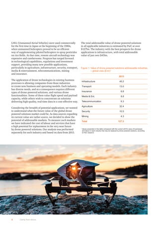 4 Clarity from above
UAVs (Unmanned Aerial Vehicles) were used commercially
for the ﬁrst time in Japan at the beginning of the 1980s,
when unmanned helicopters proved to be an efﬁcient
way of supplementing piloted helicopters to spray pesticides
on rice ﬁelds. At that time, remote aircraft technology was
expensive and cumbersome. Progress has surged forward
in technological capabilities, regulations and investment
support, providing many new possible applications,
particularly in agriculture, infrastructure, security, transport,
media & entertainment, telecommunications, mining
and insurance.
The application of drone technologies in existing business
processes is allowing companies from those industries
to create new business and operating models. Each industry
has diverse needs, and as a consequence requires different
types of drone-powered solutions, and various drone
functionalities. Some of them value ﬂight speed and payload
capacity, while others wish to concentrate on solutions
delivering high-quality, real-time data in a cost-effective way.
Considering the breadth of potential applications, we wanted
to understand what the future value of the global drone
powered solutions market could be. As data sources regarding
its current value are rather scarce, we decided to show the
potential of addressable markets. To measure such markets
we have indicated the cost of labour and services that have
a high potential for replacement in the very near future
by drone powered solutions. Our analysis was performed
separately for each industry and based on data from 2015.
The total addressable value of drone powered solutions
in all applicable industries is estimated by PwC at over
$127bn. The industry with the best prospects for drone
applications is infrastructure, with total addressable
value of just over $45bn.
2015
Infrastructure 45.2
Transport 13.0
Insurance 6.8
Media & Ent. 8.8
Telecommunication 6.3
Agriculture 32.4
Security 10.5
Mining 4.3
Total 127.3
Figure 1. Value of drone powered solutions addressable industries
– global view ($ bn)1
1
Values presented in this table correspond with the current (2015) value of businesses
and labour in each industry that may be replaced by drone powered solutions, according
to PwC research.
 