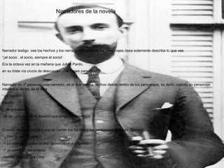 Narradores de la novela Narrador testigo :vee los hechos y los narra desde fuera de los personajes ósea solamente describe lo que vee “ ¡el socio , el socio, siempre el socio! Era la octava vez en la mañana que Julián Pardo,  en su triste vía crucis de descuento . Oía frases parecidas”… Narrador en 1º persona: este narrador, es el que cuenta hechos desde dentro de los personajes, es decir, cuando un personaje interactúa dentro de la obra “ -¿y Davis?- -herido- -¿de gravedad?- -no se ..¡tal vez! se lo llevaron sus amigos a Mendoza  El estilo directo: debido a que se narran los hechos y los personajes dialogan. Ejemplo. “ -¿Dónde esta la plata?- -Y yo callado. Y estos brutos comenzaron a pegarles- -Y yo como un cementerio- -!tantita! dígales ,por Dios. 