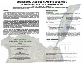 SUCCESSFUL LAND USE PLANNING EDUCATION
                                          ADDRESSING MULTIPLE JURISDICTIONS
                                                                                         Clark, N1; Fogel, J.2; Slade, G.3
                         1. Associate Extension Agent, Agriculture and Natural Resources, Southeast District; 2. Area Specialist, Community Viability, Northeast District; 3. Extension Agent,
                         Agriculture and Natural Resources, Surry, Virginia.


Abstract                                                                                                                     Educational Response
  Land use planning decisions have become increasingly complex. Urban development often                                      Valuable Partnerships:
spreads across jurisdictions creating situations where one jurisdiction may enact a land use                                 Forming partnerships with knowledgeable professionals from respected organizations is important to build
                                                                                                                             credibility. The following groups participated in the educational workshop.
decision to affect growth rate, land use patterns. These decisions may negatively affect the
economic, social, and environmental climate of neighboring localities. To prevent or mitigate such                              •County Governments                                                    •Virginia Department of Forestry
situations, comprehensive planning among jurisdictions is needed. However, multiple, often                                      •Virginia Association of County Organizations (VACO)                   •Natural Resource Conservation Service
divergent interests can stymie such efforts. In response to this problem a coordinated, multi-                                  •Citizens Planning Education Association of Virginia                   •Department of Conservation and Recreation
jurisdictional education program is needed.                                                                                     •Virginia Tech – Urban Affairs and Planning                            •Resource Conservation & Development Councils
                                                                                                                                •Virginia Cooperative Extension                                        •Soil and Water Conservation Districts
  In response to this need, an educational intervention was designed for the Hampton Roads
                                                                                                                             Presentations:
region. A consortium of partners was assembled to discuss relevant issues, needs, and                                        Several presentations were given by state experts on emerging multi-jurisdictional issues relevant to the
development a workshop agenda. The workshop was attended by 36 municipal staff and                                           region. Topics included:
decisions-makers, representing 5 municipalities. Information was provided on recent state-
level public policy changes, agency programs to address natural resource conservation issues,                                    Current information on legislative changes                    Discussion of land conservation tools including:
                                                                                                                                 involving planning, taxation, and incentive                      •Right to farm/practice forestry
and case studies looking at the costs and benefits where these practices have been put to use.                                   programs at the federal and state levels,                        •Agricultural and Forestal Districts
Additionally, an “expert panel” allowed participants an opportunity to discuss specific questions                                including:                                                       •Land use taxation
that impact their current local and regional situations.                                                                             • Emergency Watershed Protection – NRCS                      •Conservation easements
                                                                                                                                     • Forest Legacy Program – VDOF                               •Purchase of development rights
  As a result, county staff were made aware of funds, expertise, and programs available to                                           • Land Conservation Fund – DCR/VOF                           •Transfer of development rights
assist in land use planning issues. Some counties have begun instituting land conservation
activities including purchasing development rights, adopting land use taxation, and adding smart                             Expert panel discussion:
                                                                                                                               Designing a program to meet the diverse needs of different localities presented a significant challenge.
growth concepts into their comprehensive plans and development ordinances. These elements                                    After seeking input from key stakeholders from each of the localities, the planning committee decide that
demonstrate information dissemination, knowledge gain, partnerships formed for future                                        the only way to address such varied requests was to establish an expert panel consisting of representatives
assistance, and application of lessons learned.                                                                              from VACO, Virginia Cooperative Extension’s Community Viability Program, Virginia Tech’s Urban Affairs and
                                                                                                                             Planning Department, Citizens Planning Education Association of Virginia, and county government. The
                                                                                                                             panel discussion was the centerpiece of the workshop allowing the participants to ask questions that were
                                                                                                                             relevant to the specific concerns of their locality.



                             Multi-jurisdictional Issues
                             Multi-                                                                                           Results of this Program
              (Isle of Wight, Prince George, Surry, Suffolk, Sussex, Southampton)
                                                                     Southampton)                                           Evaluations revealed the following knowledge gains:

                                          Development
                                                                                                                                                                              Topic            Increase   % Increase
                                  •Large lot residential development
                                        •US Rt 460 expansion                                                                                       NRCS and water quality impacts                0.8           31%

                                 •Urban Development Areas (UDAs)                                                                                   Fragmentation of Farmland / Forestland        1.0           36%

                 •Governor Kaine has stated that he wishes to conserve 400,000 acres                                                               Growth vs. Conservation                       0.8           24%
                                                                                                                                                   Cost / Revenue Factors                        0.7           26%
                                       Flooding concern                                                                                            Smart Growth                                  0.8           26%
                              •Emergency Watershed Protection – NRCS                                                                               Specifics - fed/state progs - legislation     1.2           48%

                                  International Paper land sale                                                             “Found the [Forest and Farmland Conservation Strategies] notebook a very valuable resource for
                                                                                                                            reference in making planning decisions.” – County Supervisor
                                             BRAC
                                   •Ft. Lee proposed expansion                                                              “Appreciated the information on ways to help preserve the rural character that is near and dear to our
                         •OLF – Outlying Landing Field - Naval Landing area                                                 hearts” – County Administrator

                                   Development Rights Issues                                                                “We have been in contact with NRCS and investigating the EWP program” – County Planning Staff
                                  •Isle of Wight begins PDR program
                      •Surry receives first applicants of conservation easements                                            “Members of our county's staff and fellow board members have commented that the information was
                 •Southampton institutes land use taxation and required information on                                      quite useful” – County Supervisor
                                        determining land values
                                                                                                                            “State must realize that just because something is done in some large urban area … it does not
                                                                                                                            necessarily mean it can be generally done in a rural county like ours…” – County Supervisor
