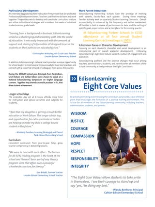 EdisonLearning 
Eight Core Values 
By actively promoting and embracing the Core Values, we provide a clear reference 
point that encourages the formation of a positive learning environment. This 
is true for all members of the EdisonLearning community, including teachers, 
administrators, students, and parents. 
Wisdom 
Justice 
Courage 
Compassion 
Hope 
Respect 
Responsibility 
Integrity 
“The Eight Core Values allow students to take pride 
in themselves. I see their courage to stand up and 
say ‘yes, I’m doing my best.’ 
- Wanda Renfrow, Principal 
Cahlan-Edison Elementary School 
Professional Development 
An extended day gives teachers instruction-free periods that are protected 
Professional Development times. Teachers use this time to learn and work 
together. They collaborate to develop and coordinate curriculum, to share 
and refine instructional strategies and to address the needs of individual 
students across grade levels. 
“Coming from a background in business, EdisonLearning 
served as a challenging and rewarding path into the world 
of education. I was really impressed with the amount of 
support and sharing of information all designed to serve the 
students on their paths to an educated future.” 
- Christopher Mahoney, 4th Grade Lead Teacher 
Lincoln-Edison Elementary School 
In addition, EdisonLearning’s national reach provides a unique opportunity 
for school leaders to meet several times annually to share best practices and 
connect with a powerful network of colleagues from across the country. 
During the 2008/09 school year, Principals from Park-Edison, 
Lynch-Edison and Cahlan-Edison were chosen to speak at a 
National EdisonLearning Symposium on English Language 
Learners. Together they shared successful practices in ELL that 
drive student achievement. 
Longer school days 
The extended day set at 8 hours affords more time 
for instruction and special activities and subjects for 
students. 
“I feel that my daughter is getting a much better 
education at Park-Edison. The longer school day, 
and opportunities for extra-curricular activities 
are helping to make my child a college bound 
student in the future.” 
– Kimberly Fundaro, Learning Strategist and Parent 
Park-Edison Elementary School 
Curriculum 
Consistent curriculum from year-to-year helps grow 
teacher competency in delivering lessons. 
“We were in tune with each other… The Success 
for All (SFA) reading program is the heart of the 
school and I haven’t been part of any literacy 
program since that offers such a powerful 
schoolwide structure for literacy.” 
- Jim Britelli, Former Teacher 
Lincoln-Edison Elementary School Teacher 
More Parent Interaction 
EdisonLearning Partnership Schools have the privilege of meeting 
with parents, face-to-face, each quarter. During these meetings, 
families actively work on quarterly Student Learning Contracts. Overall 
accountability is enhanced by the frequency and active involvement 
of families in both a review of performance to date, and the setting of 
specific goals, expectations and action plans for the coming quarter. 
At EdisonLearning Partner Schools in CCSD 
attendance at all four annual Student 
Learning Contract meetings is 100%! 
A Common Focus on Character Development 
Focusing on each student’s character and social development is an 
instrumental part of overall academic development. Embracing 
EdisonLearning’s Eight Core Values support a culture of engagement and 
aspiration. 
EdisonLearning partners cite the positive changes that occur among 
teachers, administrators, students, and parents when all members of the 
school community actively embrace the Eight Core Values. 
 