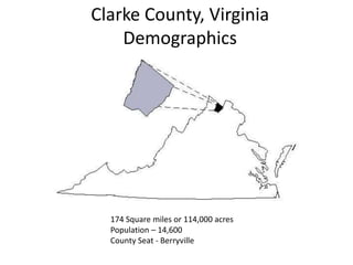 174 Square miles or 114,000 acres
Population – 14,600
County Seat - Berryville
Clarke County, Virginia
Demographics