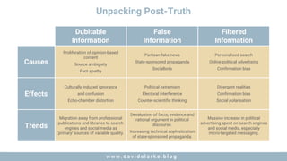 w w w . d a v i d c l a r k e . b l o gw w w . d a v i d c l a r k e . b l o g
Unpacking Post-Truth
Dubitable
Information
False
Information
Filtered
Information
Causes
Proliferation of opinion-based
content
Source ambiguity
Fact apathy
Partisan fake news
State-sponsored propaganda
Socialbots
Personalised search
Online political advertising
Confirmation bias
Effects
Culturally induced ignorance
and confusion
Echo-chamber distortion
Political extremism
Electoral interference
Counter-scientific thinking
Divergent realities
Confirmation bias
Social polarisation
Trends
Migration away from professional
publications and libraries to search
engines and social media as
‘primary’ sources of variable quality.
Devaluation of facts, evidence and
rational argument in political
discourse.
Increasing technical sophistication
of state-sponsored propaganda.
Massive increase in political
advertising spent on search engines
and social media, especially
micro-targeted messaging.
 