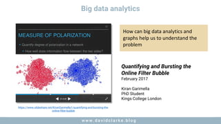 w w w . d a v i d c l a r k e . b l o gw w w . d a v i d c l a r k e . b l o g
Big data analytics
Quantifying and Bursting the
Online Filter Bubble
February 2017
Kiran Garimella
PhD Student
Kings College London
https://www.slideshare.net/KiranGarimella1/quantifying-and-bursting-the-
online-filter-bubble
How	can	big	data	analytics	and	
graphs	help	us	to	understand	the	
problem
 