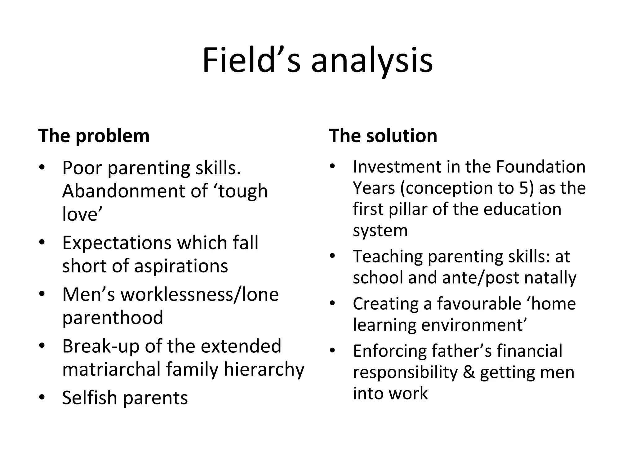 Field’s analysis The problem Poor parenting skills. Abandonment of ‘tough love’ Expectations which fall short of aspirations Men’s worklessness/lone parenthood Break-up of the extended matriarchal family hierarchy Selfish parents The solution Investment in the Foundation Years (conception to 5) as the first pillar of the education system Teaching parenting skills: at school and ante/post natally Creating a favourable ‘home learning environment’ Enforcing father’s financial responsibility & getting men into work 