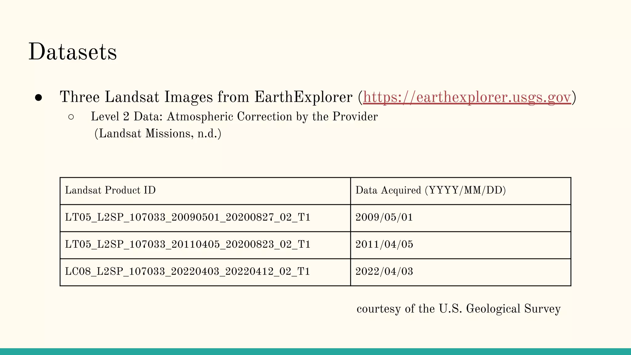 Datasets
● Three Landsat Images from EarthExplorer (https://earthexplorer.usgs.gov)
○ Level 2 Data: Atmospheric Correction by the Provider
(Landsat Missions, n.d.)
Landsat Product ID Data Acquired (YYYY/MM/DD)
LT05_L2SP_107033_20090501_20200827_02_T1 2009/05/01
LT05_L2SP_107033_20110405_20200823_02_T1 2011/04/05
LC08_L2SP_107033_20220403_20220412_02_T1 2022/04/03
courtesy of the U.S. Geological Survey
 