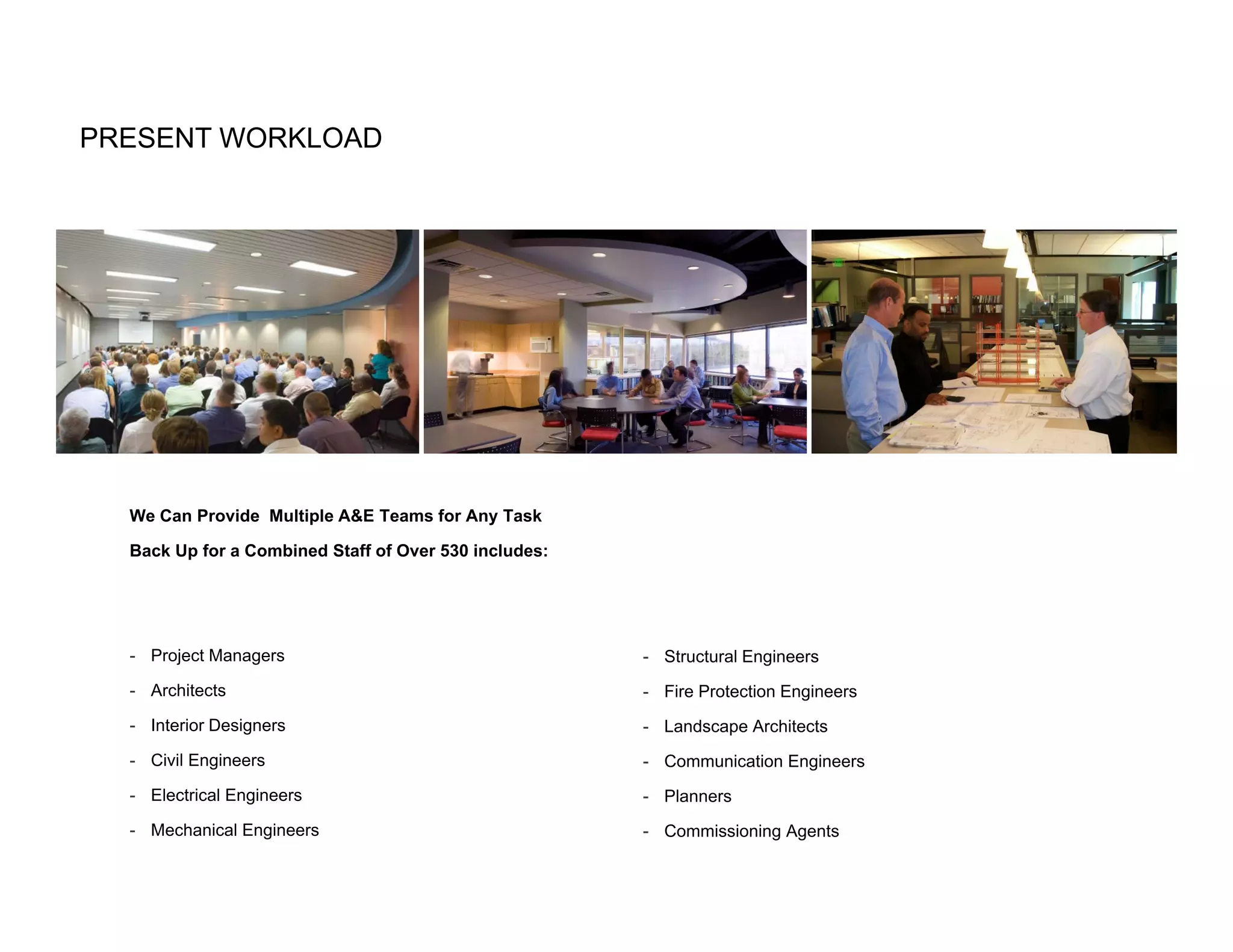 PRESENT WORKLOAD




  We Can Provide Multiple A&E Teams for Any Task

  Back Up for a Combined Staff of Over 530 includes:




  - Project Managers                                   - Structural Engineers
  - Architects                                         - Fire Protection Engineers
  - Interior Designers                                 - Landscape Architects
  - Civil Engineers                                    - Communication Engineers
  - Electrical Engineers                               - Planners
  - Mechanical Engineers                               - Commissioning Agents
 