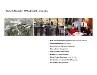 CLARK NEXSEN MAKES A DIFFERENCE




                                  » Multi-Discipline Project Approach – All Disciplines In-House

                                  » Depth Of Resources - 530 Strong

                                  » Commitment Of Key Senior Personnel

                                  » Strong Central Management

                                  » High Level Of Quality Control

                                  » Multiple US Office Locations

                                  » Similar Project Experience – Over 90 Years

                                  » Can Mobilize And Provide Rapid Response

                                  » The Staff Are Ready To Start
 