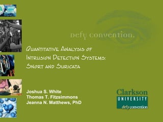 Quantitative Analysis of
Intrusion Detection Systems:
Snort and Suricata

Joshua S. White
Thomas T. Fitzsimmons
Jeanna N. Matthews, PhD

 