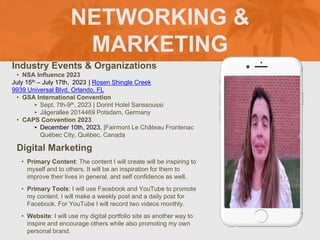 NETWORKING &
MARKETING
Industry Events & Organizations
• NSA Influence 2023
July 15th – July 17th, 2023 | Rosen Shingle Creek
9939 Universal Blvd, Orlando, FL
• GSA International Convention
‣ Sept. 7th-9th, 2023 | Dorint Hotel Sanssoussi
‣ Jägerallee 2014469 Potsdam, Germany
• CAPS Convention 2023
‣ December 10th, 2023, |Fairmont Le Château Frontenac
Québec City, Québec, Canada
Digital Marketing
• Primary Content: The content I will create will be inspiring to
myself and to others. It will be an inspiration for them to
improve their lives in general, and self confidence as well.
• Primary Tools: I will use Facebook and YouTube to promote
my content. I will make a weekly post and a daily post for
Facebook. For YouTube I will record two videos monthly.
• Website: I will use my digital portfolio site as another way to
inspire and encourage others while also promoting my own
personal brand.
 