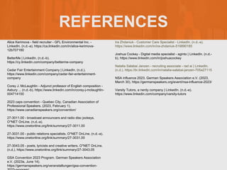 REFERENCES
Alice Kerimova - field recruiter - GFL Environmental Inc. -
LinkedIn. (n.d.-a). https://ca.linkedin.com/in/alice-kerimova-
12b707180
BetterMe | LinkedIn. (n.d.-b).
https://cy.linkedin.com/company/betterme-company
Cedar Fair Entertainment Company | LinkedIn. (n.d.).
https://www.linkedin.com/company/cedar-fair-entertainment-
company
Corey J. McLaughlin - Adjunct professor of English composition -
Asbury ... (n.d.-b). https://www.linkedin.com/in/corey-j-mclaughlin-
004714150
2023 caps convention - Quebec City. Canadian Association of
Professional Speakers. (2023, February 1).
https://www.canadianspeakers.org/convention/
27-3011.00 - broadcast announcers and radio disc jockeys.
O*NET OnLine. (n.d.-a).
https://www.onetonline.org/link/summary/27-3011.00
27-3031.00 - public relations specialists. O*NET OnLine. (n.d.-a).
https://www.onetonline.org/link/summary/27-3031.00
27-3043.05 - poets, lyricists and creative writers. O*NET OnLine.
(n.d.). https://www.onetonline.org/link/summary/27-3043.05
GSA Convention 2023 Program. German Speakers Association
e.V. (2023a, June 14).
https://germanspeakers.org/veranstaltungen/gsa-convention-
Ira Zhdaniuk - Customer Care Specialist - LinkedIn. (n.d.-a).
https://www.linkedin.com/in/ira-zhdaniuk-519890185
Joshua Cockey - Digital media specialist - aginto | LinkedIn. (n.d.-
b). https://www.linkedin.com/in/joshuacockey
Natalia Salabai Janzen - recruiting associate - rad ai | LinkedIn.
(n.d.). https://br.linkedin.com/in/natalia-salabai-janzen-705a27115
NSA influence 2023. German Speakers Association e.V. (2023,
March 30). https://germanspeakers.org/event/nsa-influence-2023/
Varsity Tutors, a nerdy company | LinkedIn. (n.d.-e).
https://www.linkedin.com/company/varsity-tutors
 