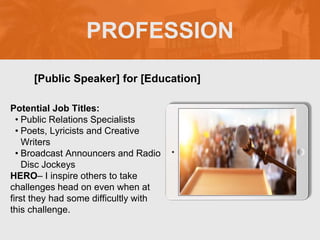 PROFESSION
Potential Job Titles:
• Public Relations Specialists
• Poets, Lyricists and Creative
Writers
• Broadcast Announcers and Radio
Disc Jockeys
HERO– I inspire others to take
challenges head on even when at
first they had some difficultly with
this challenge.
[Public Speaker] for [Education]
Picture Relevant
to Your Industry
Goes Here
 