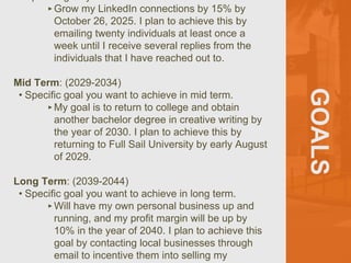 GOALS
‣Grow my LinkedIn connections by 15% by
October 26, 2025. I plan to achieve this by
emailing twenty individuals at least once a
week until I receive several replies from the
individuals that I have reached out to.
Mid Term: (2029-2034)
• Specific goal you want to achieve in mid term.
‣My goal is to return to college and obtain
another bachelor degree in creative writing by
the year of 2030. I plan to achieve this by
returning to Full Sail University by early August
of 2029.
Long Term: (2039-2044)
• Specific goal you want to achieve in long term.
‣Will have my own personal business up and
running, and my profit margin will be up by
10% in the year of 2040. I plan to achieve this
goal by contacting local businesses through
email to incentive them into selling my
 