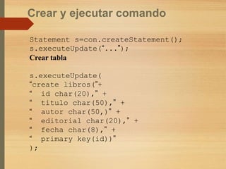 Crear y ejecutar comando
Statement s=con.createStatement();
s.executeUpdate(“...”);
Crear tabla
s.executeUpdate(
“create libros(”+
“
“
“
“
“
“
);
char(20),”id +
titulo char(50),” +
char(50,)”autor +
editorial char(20),” +
char(8),”fecha +
primary key(id))”
 