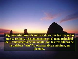 Algunos estudiosos de música dicen que las tres notas que se repiten, insistentemente, en el tema principal del 1º movimento de la Sonata, son las tres sílabas de la palabra “ why ”? u otra palabra sinónima, en alemán... 