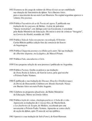 1953 Exonera-se do cargo de redator do Minas Gerais ao ser estabilizada
sua situação de funcionário da dphan. Vai a Buenos Aires
para o nascimento do seu neto Luis Mauricio. Na capital argentina aparece o
volume Dos poemas.
1954 Publica Fazendeiro do ar & Poesia até agora. É publicada sua
tradução de Les paysans, de Balzac. A série de palestras
“Quase memórias”, em diálogo com Lia Cavalcanti, é veiculada
pela Rádio Ministério da Educação. Dá início à série de crônicas “Imagens”,
no Correio da Manhã, mantida até 1969.
1955 Publica Viola de bolso novamente encordoada. O livreiro
Carlos Ribeiro publica edição fora de comércio do Soneto
da buquinagem.
1956 Publica Cinquenta poemas escolhidos pelo autor. Sai sua tradução
de Albertine disparue, ou La fugitive, de Marcel Proust.
1957 Publica Fala, amendoeira e Ciclo.
1958 Uma pequena seleção de seus poemas é publicada na Argentina.
1959 Publica Poemas. Ganha os palcos a sua tradução
de Dona Rosita la Soltera, de García Lorca, pela qual recebe
o Prêmio Padre Ventura.
1960 É publicada a sua tradução de Oiseaux-Mouches Ornithorynques
du Brésil, de Descourtilz. Colabora em Mundo Ilustrado. Nasce
em Buenos Aires seu neto Pedro Augusto.
1961 Colabora no programa Quadrante, da Rádio Ministério
da Educação. Morre seu irmão Altivo.
1962 Publica Lição de coisas, Antologia poética e A bolsa & a vida.
Aparecem as traduções de L’oiseau bleu, de Maeterlinck,
e Les fourberies de Scapin, de Molière, recebendo por esta
novamente o Prêmio Padre Ventura. Aposenta-se como chefe
de seção da dphan, após 35 anos de serviço público.
1963 Aparece a sua tradução de Sult (Fome), de Knut Hamsun.
 